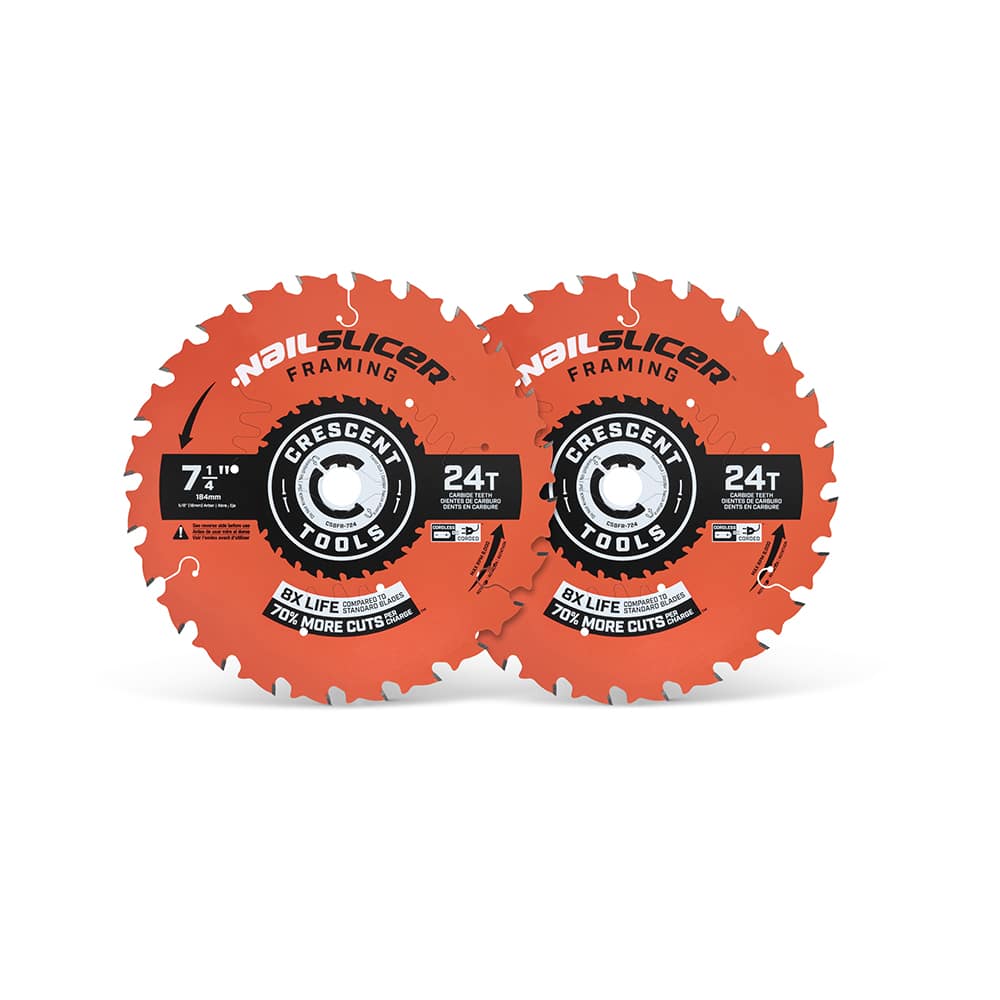 Wet & Dry Cut Saw Blade: 7-1/4″ Dia, 5/8″ Arbor Hole, 0.063″ Kerf Width, 24 Teeth Use on Framing, Round with Diamond Knockout Arbor