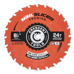 Wet & Dry Cut Saw Blade: 8-1/4″ Dia, 5/8″ Arbor Hole, 0.094″ Kerf Width, 24 Teeth Use on Framing, Round with Diamond Knockout Arbor