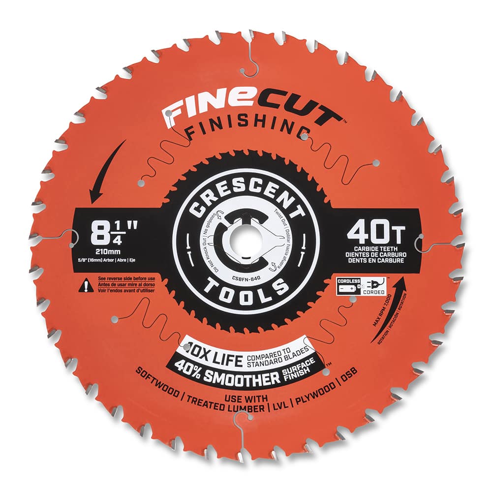 Wet & Dry Cut Saw Blade: 8-1/4″ Dia, 5/8″ Arbor Hole, 0.094″ Kerf Width, 40 Teeth Use on Finishing & Paneling, Round with Diamond Knockout Arbor