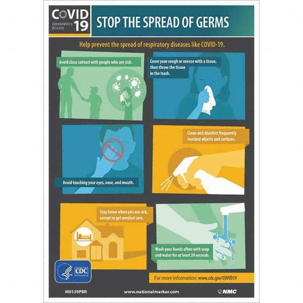 NMC - "COVID-19 - STOP THE SPREAD OF GERMS", 10" Wide x 14" High, Pressure-Sensitive Vinyl Safety Sign - Industrial Tool & Supply