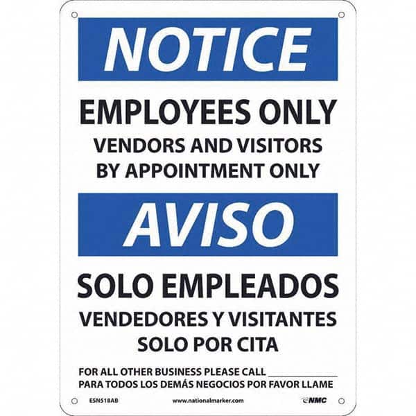 NMC - "Notice - Employees Only", 10" Wide x 14" High, Aluminum Safety Sign - Industrial Tool & Supply