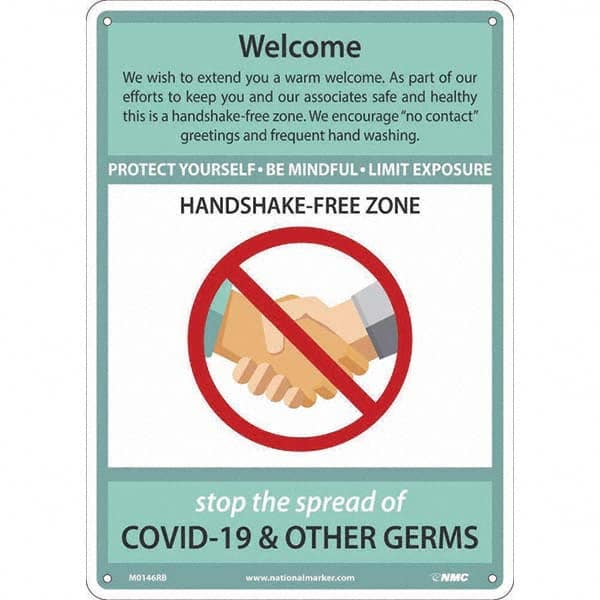 NMC - "COVID-19 - Welcome - Handshake Free Zone", 10" Wide x 14" High, Rigid Plastic Safety Sign - Industrial Tool & Supply