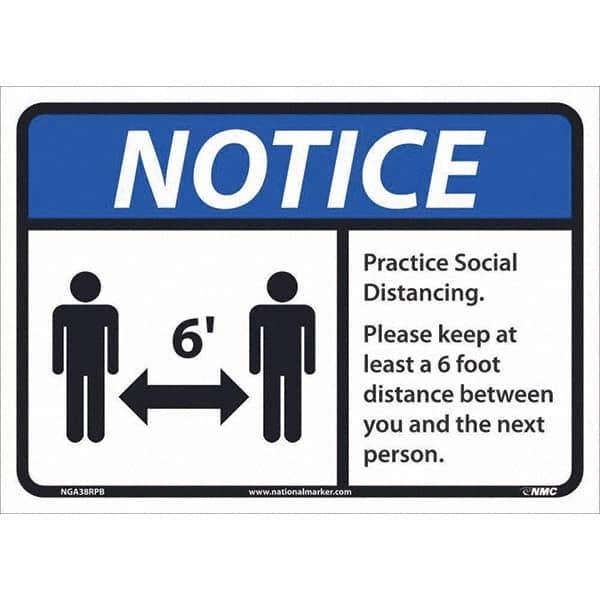 NMC - "Notice - Practice Social Distancing", 14" Wide x 10" High, Pressure-Sensitive Vinyl Safety Sign - Industrial Tool & Supply