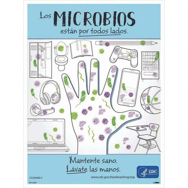 NMC - "COVID-19 - Los Microbios Est\xE1n Por Todos Lados", 18" Wide x 24" High, Paper Safety Sign - Industrial Tool & Supply