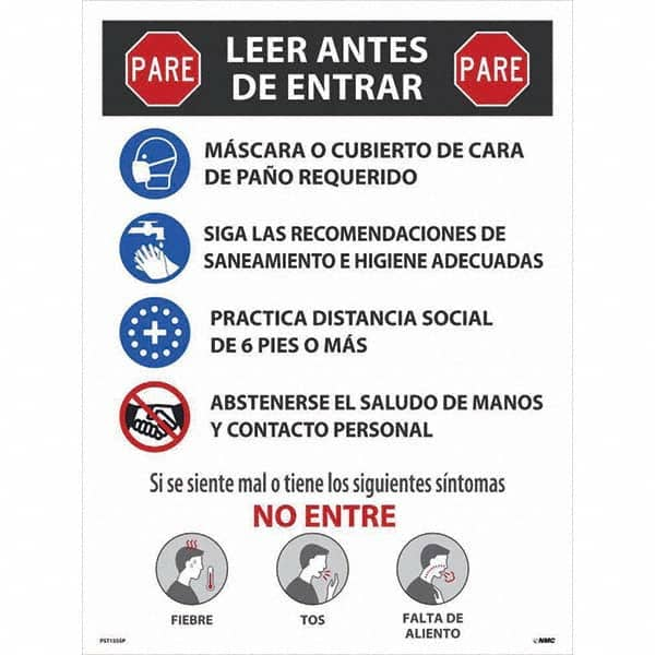 NMC - "COVID-19 - PARE - Leer Antes De Entrar", 18" Wide x 24" High, Paper Safety Sign - Industrial Tool & Supply