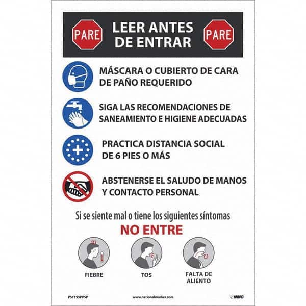 NMC - "COVID-19 - PARE - Leer Antes De Entrar", 12" Wide x 18" High, Paper Safety Sign - Industrial Tool & Supply