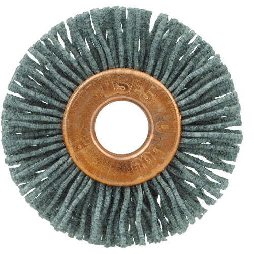 1-1/8″ Small Diameter Nylox Wheel Brush, .022/120SC Crimped Fill, 1/4″ Arbor Hole - Industrial Tool & Supply