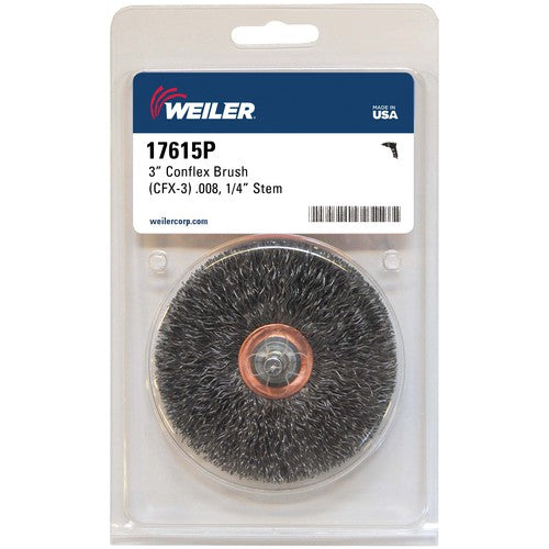3″ Stem-Mounted Crimped Wire Wheel, .008″ Steel Fill, 1/4″ Stem, Retail Pack - Industrial Tool & Supply