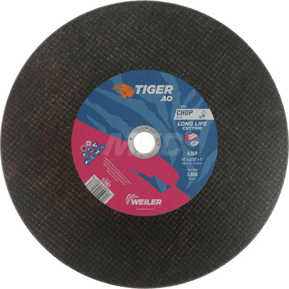Cut-Off Wheel: Type 1, 16″ Dia, 3/32″ Thick, Aluminum Oxide Reinforced, 36 Grit, 3850 Max RPM, Use with Chop Saws