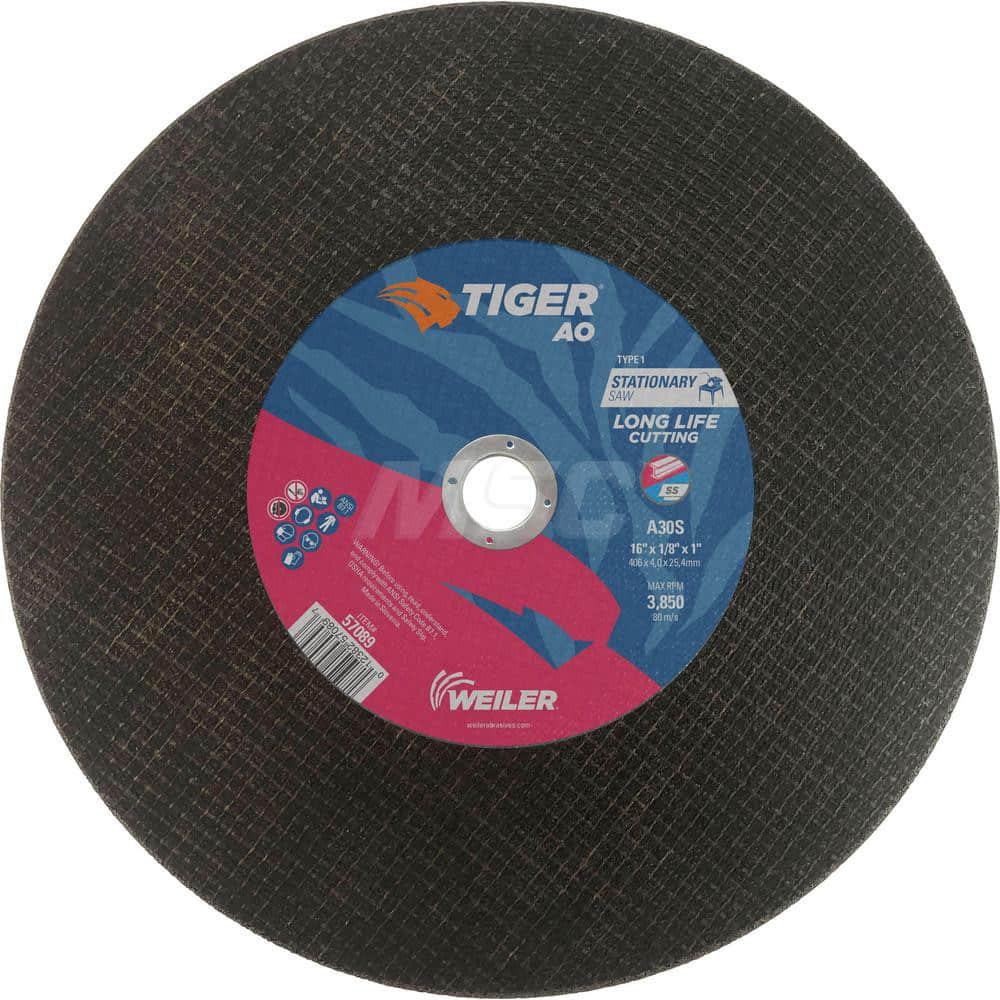 Cut-Off Wheel: Type 1, 16″ Dia, 1/8″ Thick, Aluminum Oxide Reinforced, 30 Grit, 3850 Max RPM, Use with Stationary Saw