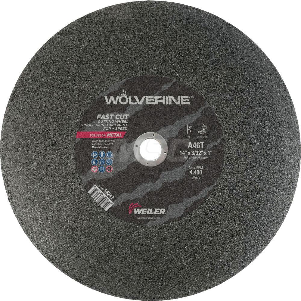 Cut-Off Wheel: Type 1, 14″ Dia, 3/32″ Thick, Aluminum Oxide Reinforced, 36 Grit, 4400 Max RPM, Use with Chop Saws
