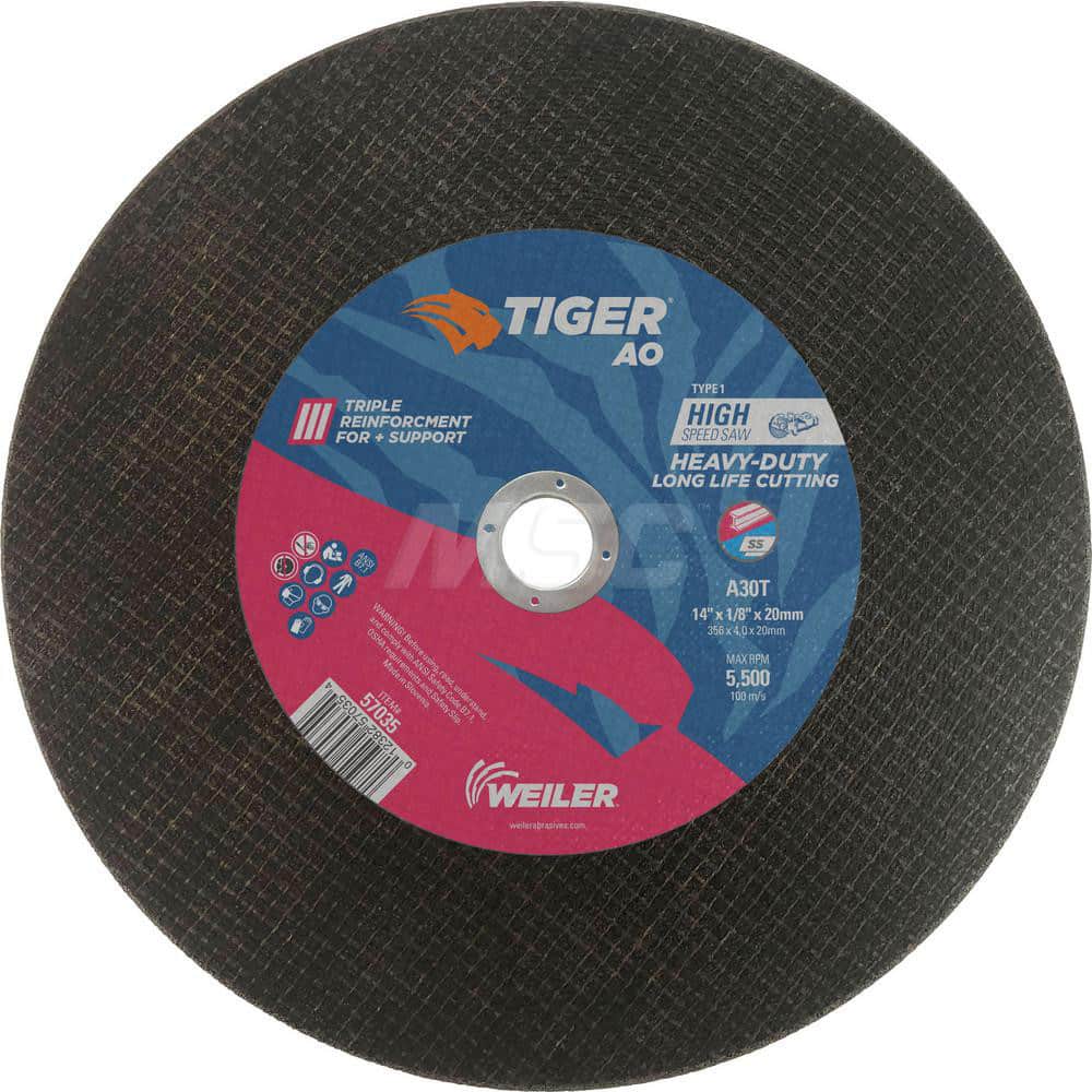 Cut-Off Wheel: Type 1, 14″ Dia, 1/8″ Thick, Aluminum Oxide Reinforced, 30 Grit, 5500 Max RPM, Use with Gas Powered Saws