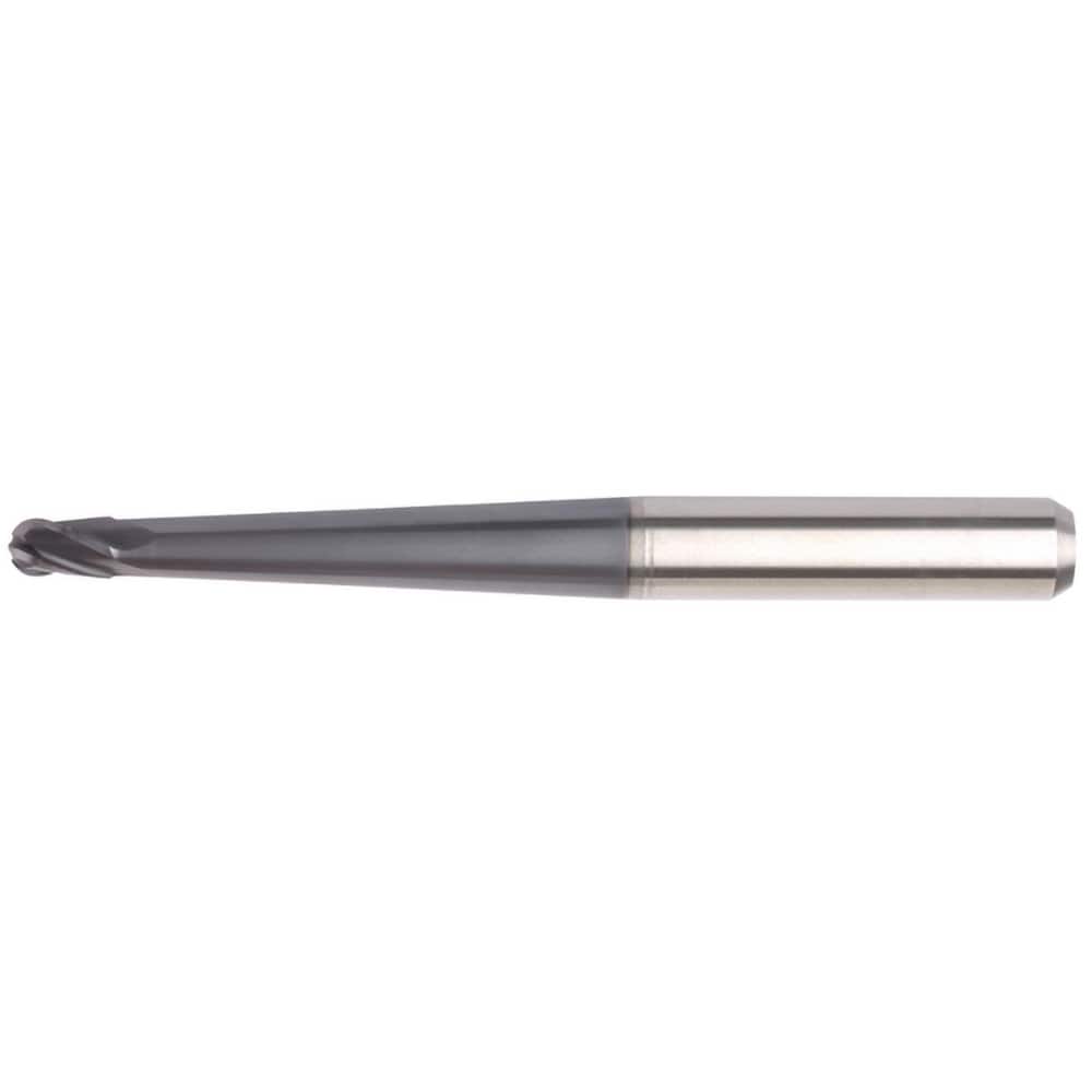 Ball End Mill: 0.3937″ Dia, 0.5906″ LOC, 4 Flute, Solid Carbide 100 mm OAL, 12 mm Shank Dia, 30 ° Helix, AlTiN Coated, Single End