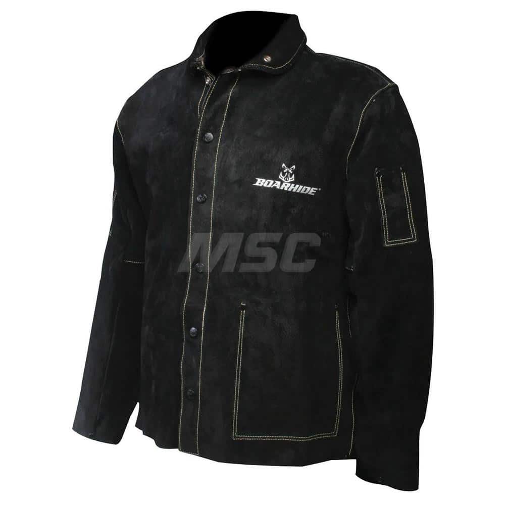 Coat: Heat-Resistant & Welding, Size Medium, Pigskin Leather Black, Men, Snaps Closure, 40 to 42″ Chest, 2 Pocket