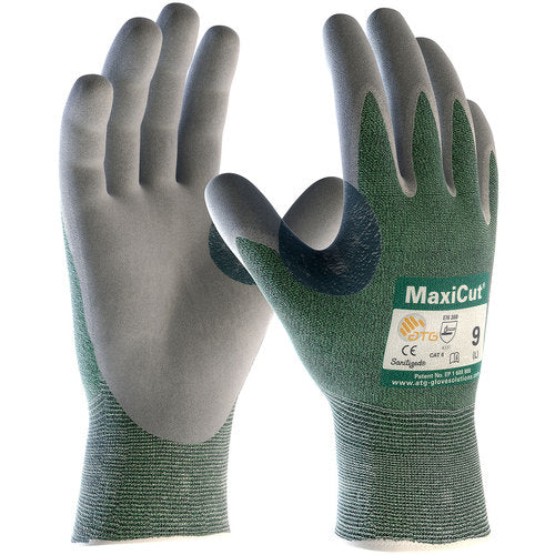 ‎18-570/XL Gloves for Cut Protection - MaxiCut - Green 15G Eng Yarn Shell - Gray Nitrile MicroFoam Grip - A2 - Exact Industrial Supply