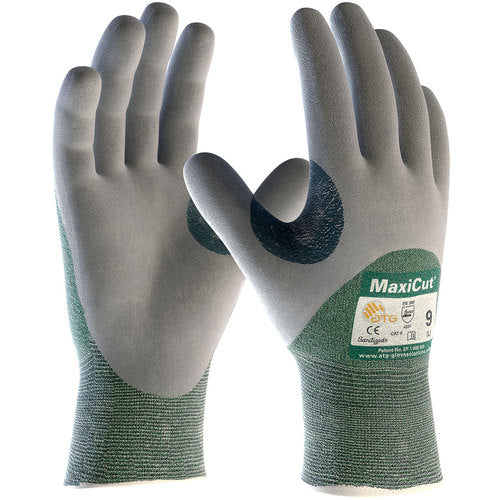 ‎18-575/M Gloves for Cut Protection - MaxiCut - Green 15G Eng Yarn Shell - Gray 3/4 Nitrile MicroFoam Grip - A2 - Exact Industrial Supply