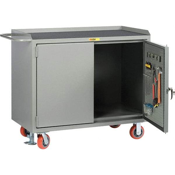 Little Giant - 3,600 Lb Capacity, 2 Shelf, 2 Door Mobile Bench Cabinet with Pegboard Panel Doors - 41" Wide x 24" Deep x 43" High, Steel, Gray - Industrial Tool & Supply