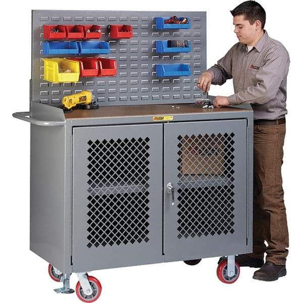 Little Giant - 3,600 Lb Capacity, 3 Shelf, 2 Door Mobile Bench Cabinet with Louvered Panel - 41" Wide x 24" Deep x 43" High, Steel, Gray - Industrial Tool & Supply