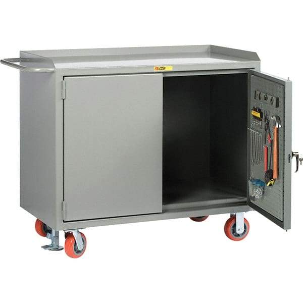 Little Giant - 3,600 Lb Capacity, 2 Shelf, 2 Door Mobile Bench Cabinet with Pegboard Panel Doors - 41" Wide x 24" Deep x 43" High, Steel, Gray - Industrial Tool & Supply