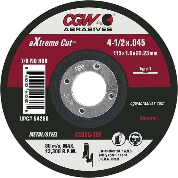 Cut-Off Wheel: Type 1, 4-1/2″ Dia, 7/8″ Hole, Ceramic Reinforced, 36 Grit, 13300 Max RPM, Use with Angle Grinders