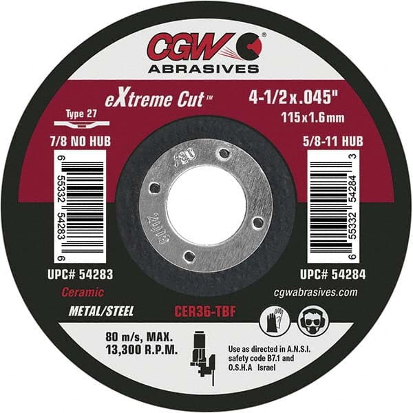 Cut-Off Wheel: Type 27, 4-1/2″ Dia, 7/8″ Hole, Ceramic Reinforced, 36 Grit, 13300 Max RPM, Use with Angle Grinders