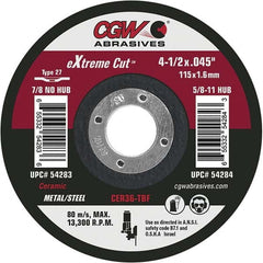 Cut-Off Wheel: Type 27, 6″ Dia, 7/8″ Hole, Ceramic Reinforced, 36 Grit, 10200 Max RPM, Use with Angle Grinders