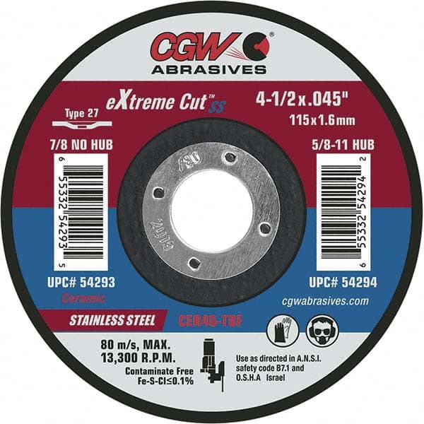 Cut-Off Wheel: Type 27, 5″ Dia, 7/8″ Hole, Ceramic Reinforced, 46 Grit, 12250 Max RPM, Use with Angle Grinders