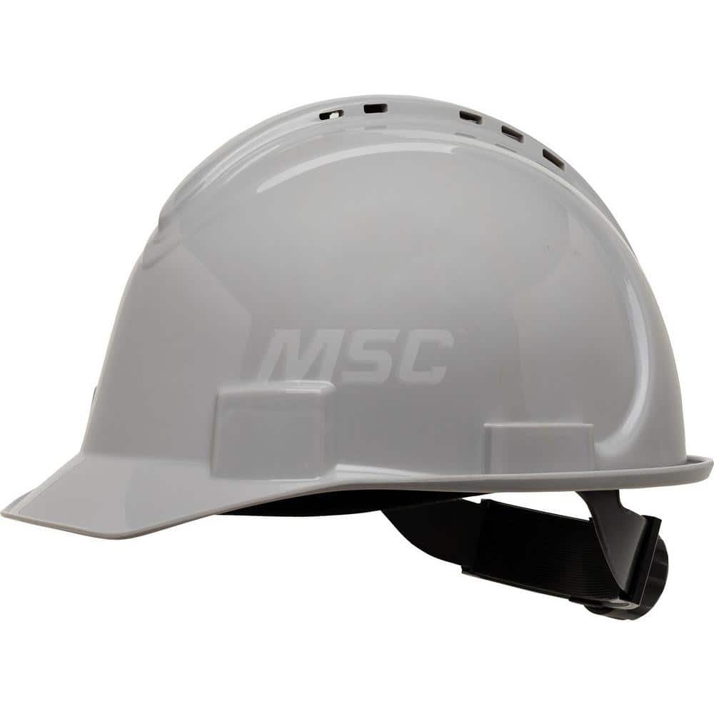 Hard Hat: Impact Resistant, Short Brim, Class C, 4-Point Suspension Gray, HDPE, Vented
