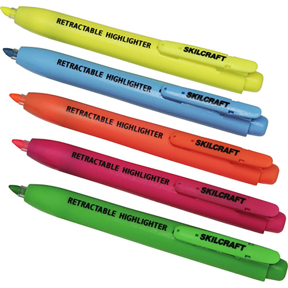 Ability One - Markers & Paintsticks; Type: Highlighter ; Color: Blue, Green, Orange, Pink, Yellow ; Ink Type: Water Base ; Tip Type: Chisel - Exact Industrial Supply