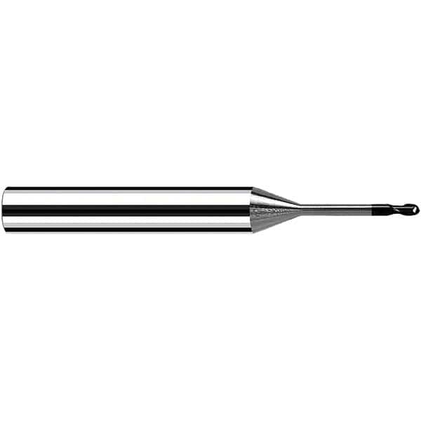 Ball End Mill: 0.0315″ Dia, 2 Flute, Solid Carbide 57 mm OAL, 6 mm Shank Dia, 30 ° Helix, Diaplus Coated, Single End, Series MicrospheroXG