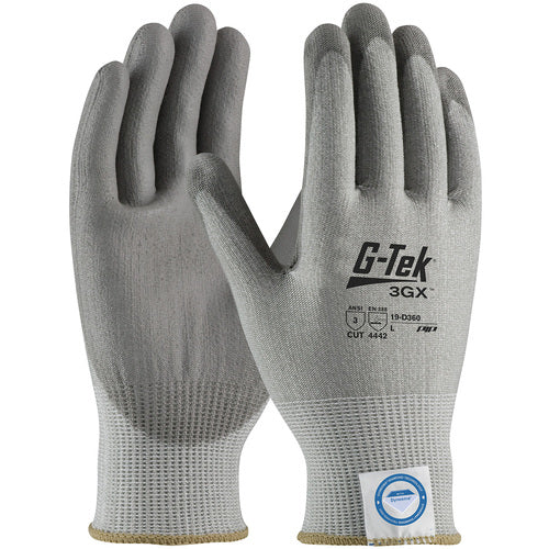19-D360/XL Coated Gloves - G-Tek 3GX Dyneema Diamond - Gray 13G Shell - Gray PU Smooth Grip - A3 - Exact Industrial Supply