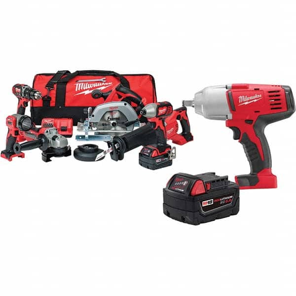 Cordless Tool Combination Kit: 18V (2) M18 XC Red Lithium Batteries, 1-Hour Charger, 1/2″Hammer Drill Driver, 1/4″Impact Driver, Circular Saw, Contractor Bag, Cut-Off Grinder, Reciprocating Saw, Sawzall Blade, Work Light, 18V 5.0AH Lithium Cordless Batter