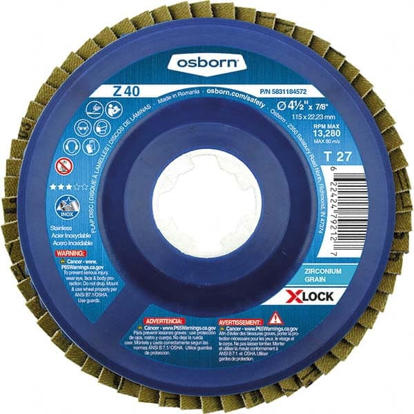 Osborn - 4-1/2" 40 Grit 5/8-11 Center Hole Type 27 Zirconia Alumina Flap Disc - Industrial Tool & Supply