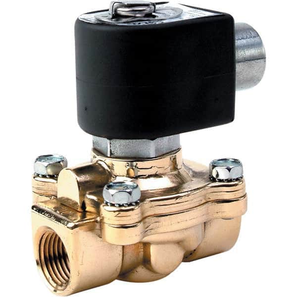 Parker - 240/60 - 220/50 VAC 3/4" NPT Port Brass Two-Way Internally Piloted Diaphragm Solenoid Valve - Industrial Tool & Supply