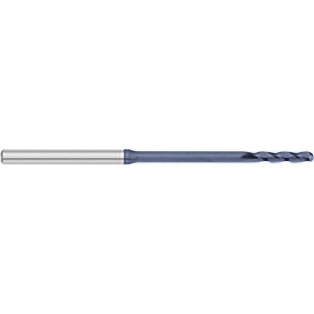 Ball End Mill: 0.085″ Dia, 0.425″ LOC, 3 Flute, Solid Carbide 2-1/2″ OAL, 1/8″ Shank Dia, 30 ° Helix, AlTiN Coated, Single End