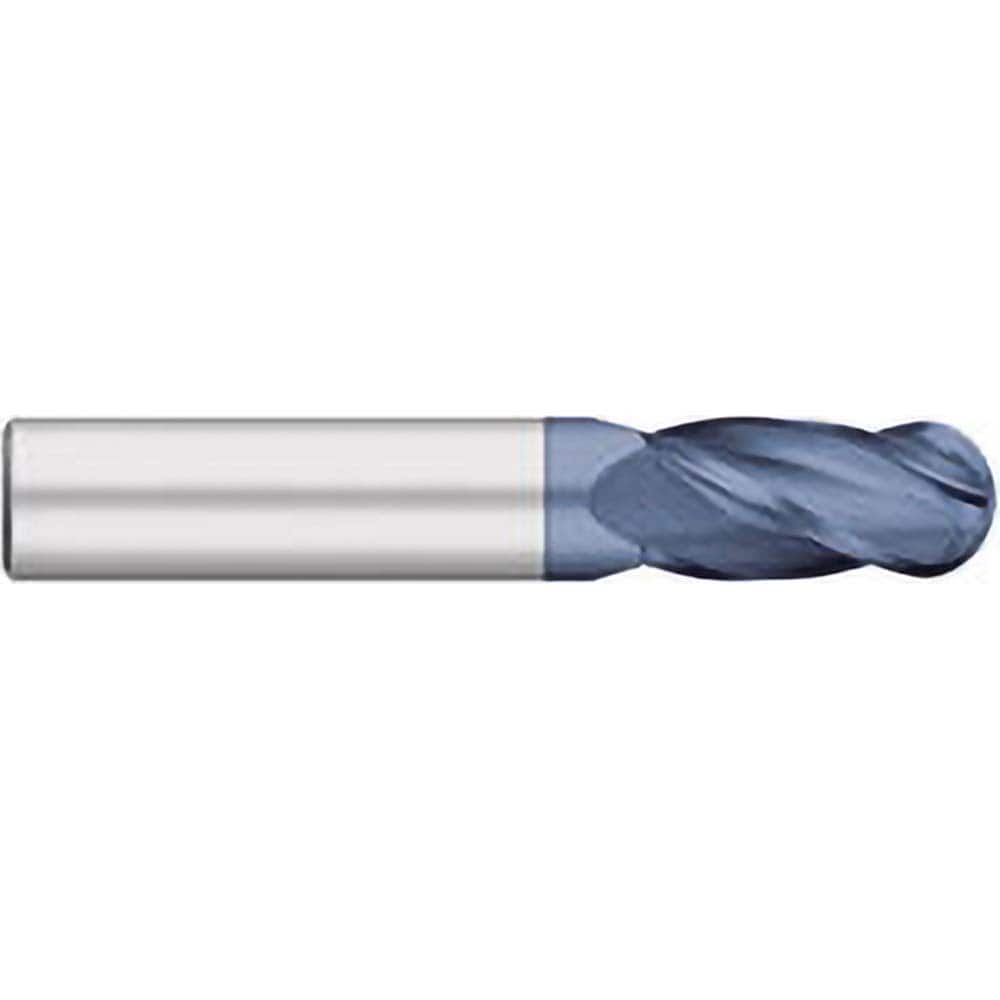 Ball End Mill: 0.1772″ Dia, 0.6299″ LOC, 4 Flute, Solid Carbide 50 mm OAL, 6 mm Shank Dia, 30 ° Helix, AlTiN Coated, Single End