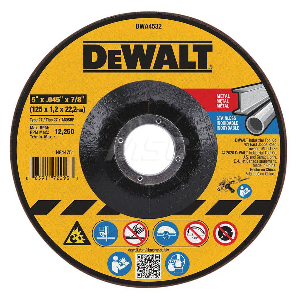 Cut-Off Wheel: Type 27, 5″ Dia, Aluminum Oxide 12250 Max RPM, Use with Angle Grinders