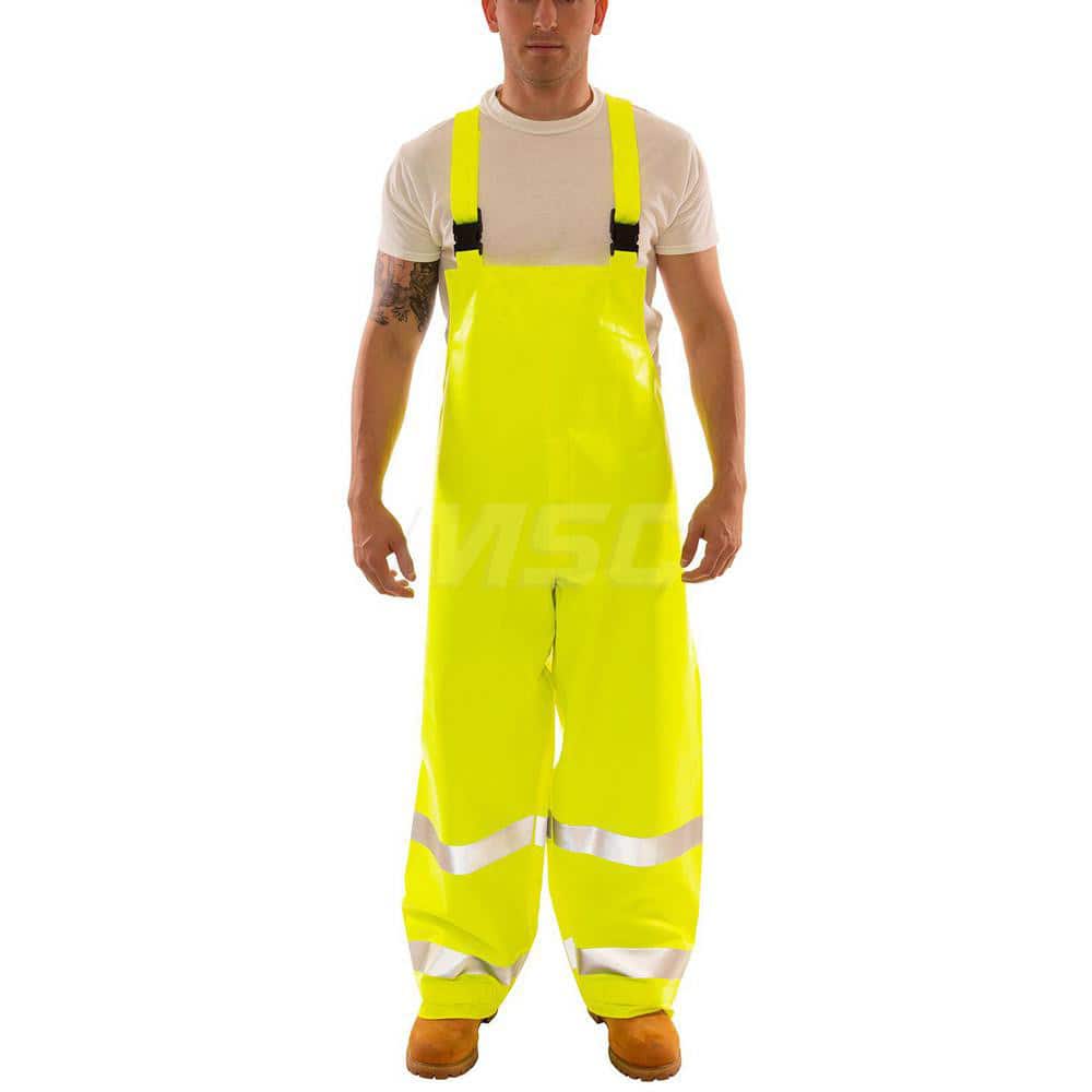 Bib Overalls: Size Small, PVC on Non-Woven Nomex Fluorescent Yellow ™Green, 28″ Inseam, Snaps Closure