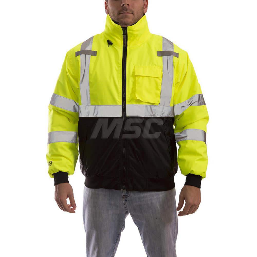 Jackets & Coats; Garment Style: Jacket; Size: Medium; Gender: Unisex; Material: 300D PU Coated Polyester; Closure Type: Zipper; Seam Style: Stitched; Taped; Material Weight: 5.9 oz; Features: 2 in Silver Reflective Tape; Waterproof; 2 Mic Tabs; Hi-Visibil