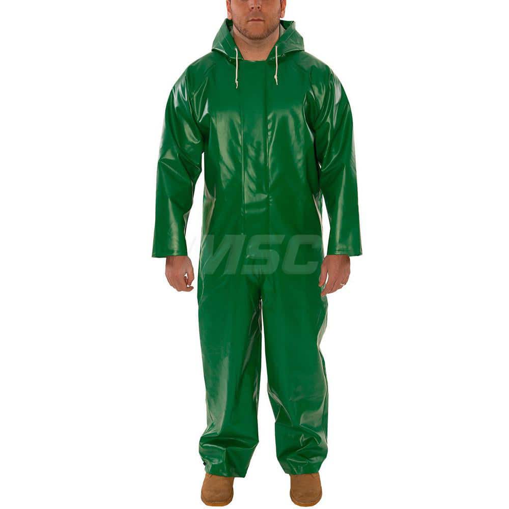 Coveralls: Size Small, PVC on 150D Polyester Green, 27-1/2″ Inseam, Snaps & Zipper Closure