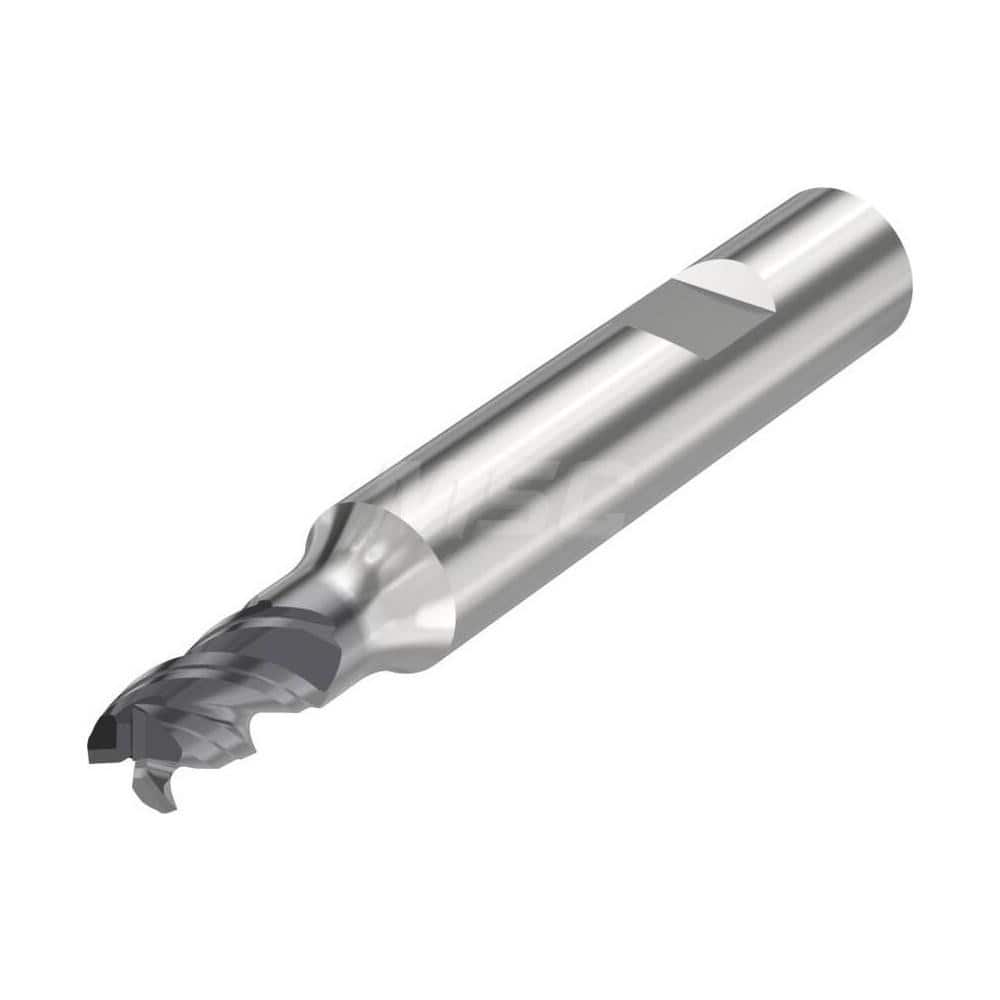 Corner Radius End Mill: 0.1772″ Dia, 3 Flutes, Solid Carbide 48 ° Helix, SIRON-A Coated, Corner Chamfer End, Centercutting, Series JS553