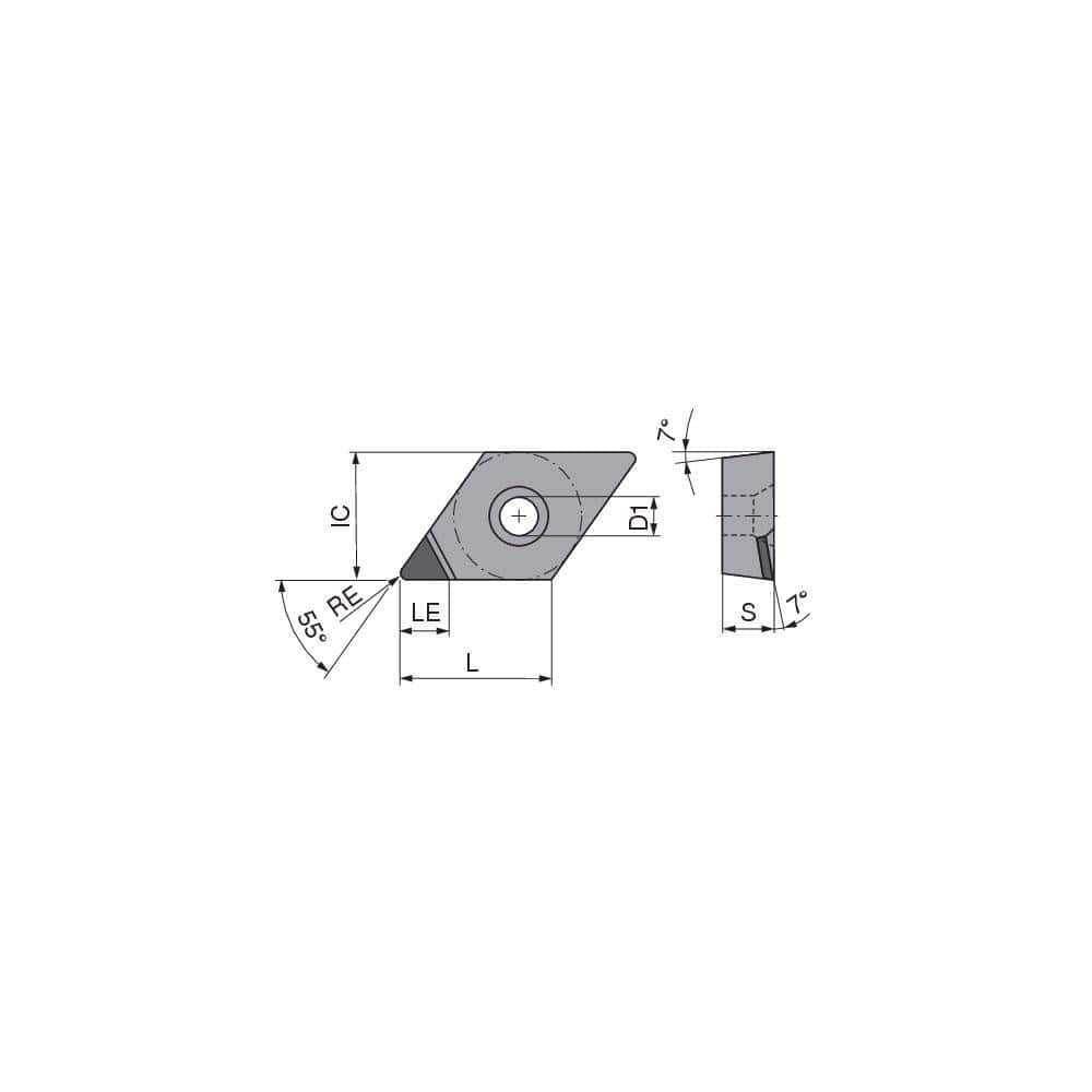 Turning Insert:  DCGT2155FNA4CB2,  Polycrystalline Diamond Uncoated Finish,  Neutral,  1/4″ Inscribed Circle,  0.0079″ Corner Radius,  55.0 &deg N/A Diamond,  Series  DCGT