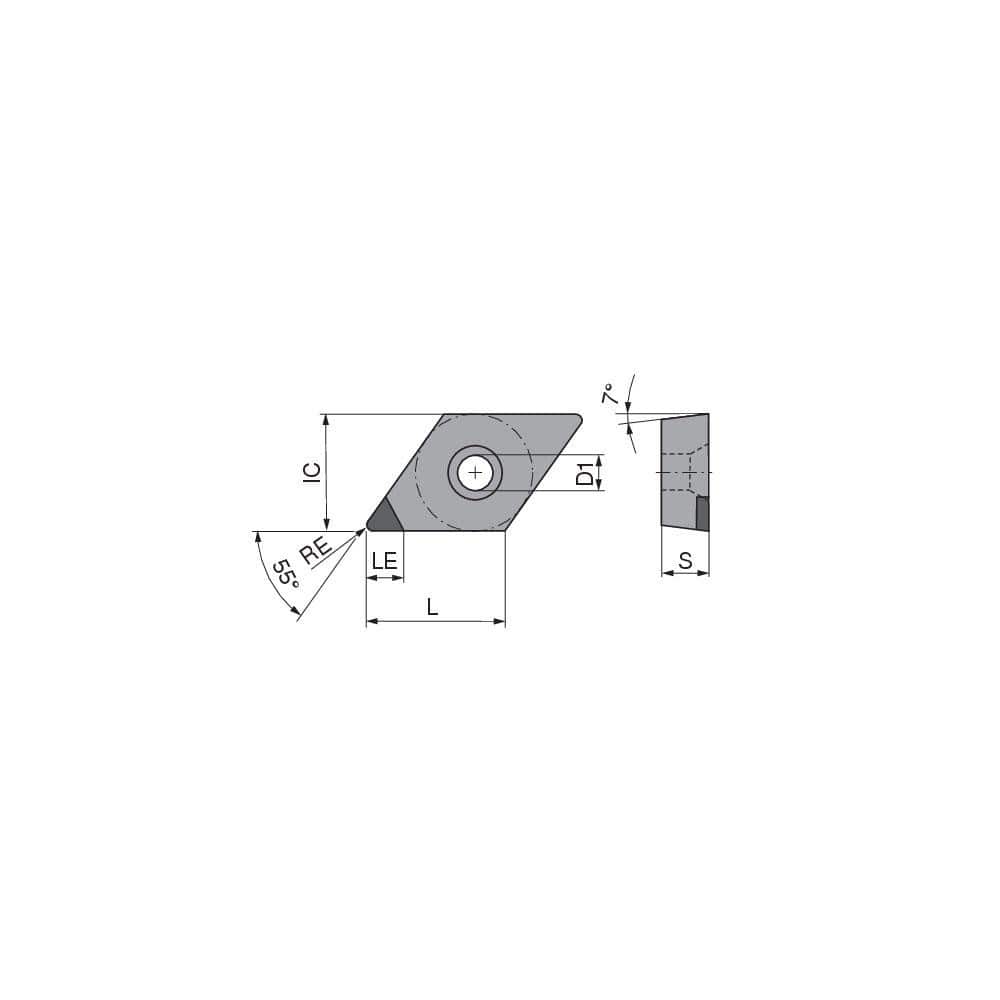 Turning Insert:  DCGW2151TN012DA4,  Polycrystalline Cubic Boron Nitride Uncoated Finish,  Neutral,  1/4″ Inscribed Circle,  0.0157″ Corner Radius,  55.0 &deg N/A Diamond,  Series  DCGW