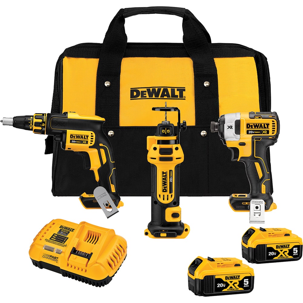 DeWALT - Cordless Tool Combination Kits; Voltage: 20 ; Tools: 1/4" Impact Driver; Screwgun; Drywall Cut-Out Tool ; Battery Chemistry: Lithium Ion ; Battery Series: 20V MAX ; Battery Included: Yes ; Number of Batteries: 2 - Exact Industrial Supply