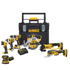 DeWALT - Cordless Tool Combination Kits; Voltage: 20 ; Tools: Brushless Compact Hammer Drill; 1/4" Impact Driver; Circular Saw; Reciprocating Saw; Grinder; Oscillating Multi-Tool; LED Light ; Battery Chemistry: Lithium Ion ; Battery Series: 20V MAX ; Bat - Exact Industrial Supply