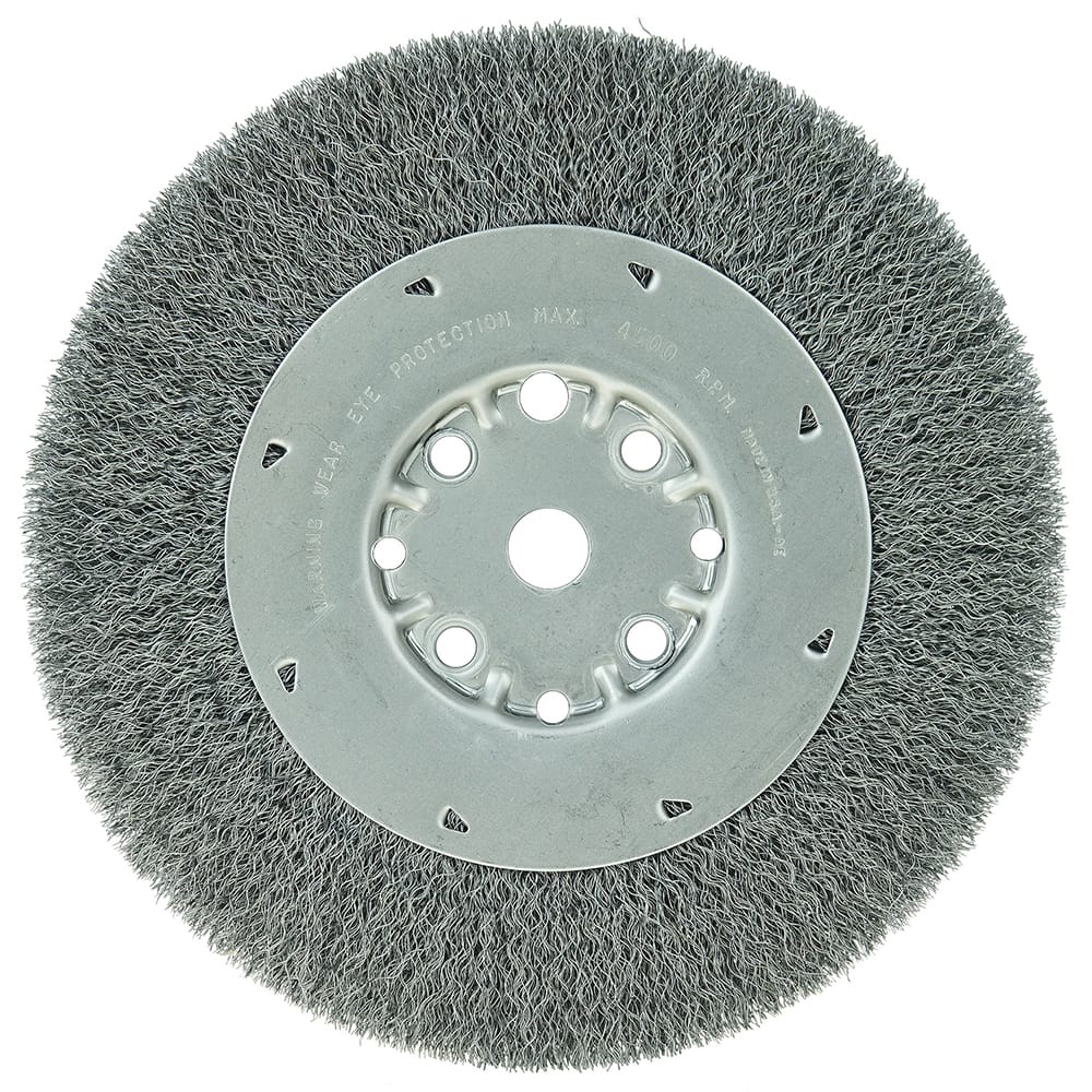 Weiler - Wheel Brushes; Outside Diameter (Inch): 8 ; Arbor Hole Thread Size: 5/8 ; Wire Type: Crimped Wire ; Fill Material: Steel ; Face Width (Inch): 5/8 ; Trim Length (Inch): 1-1/2 - Exact Industrial Supply