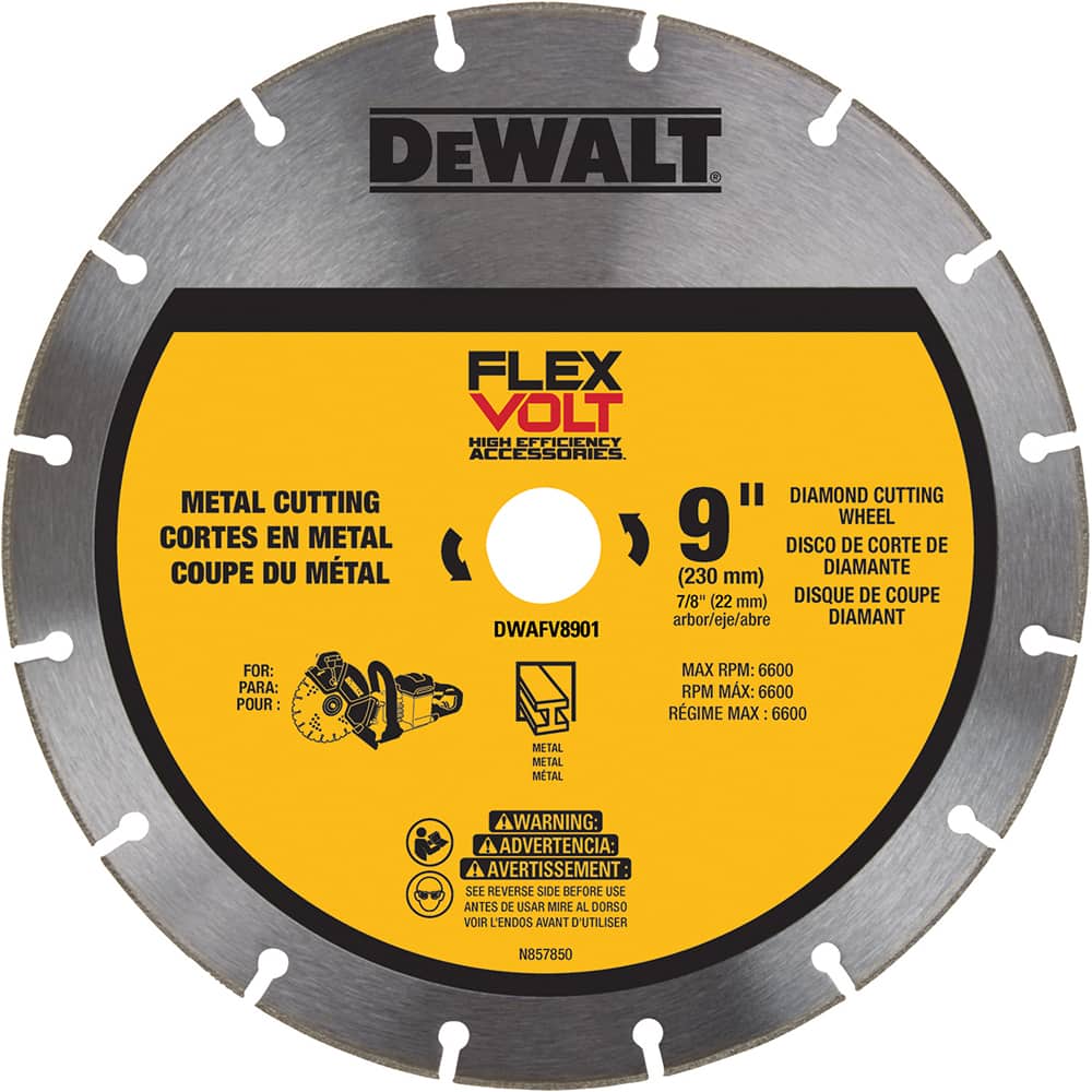 DeWALT - Wet & Dry-Cut Saw Blades; Blade Diameter (Inch): 9 ; Blade Material: Diamond-Tipped ; Arbor Style: Standard Round ; Arbor Hole Diameter (Inch): 7/8 ; Arbor Hole Diameter (Decimal Inch): 7/8 ; Application: Steel; Ductile Pipe; Rebar; Stainless St - Exact Industrial Supply