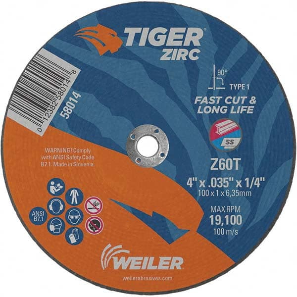 Weiler - 4 x 0.035, 1/4" Hole 60 Grit Zirconia Alumina Cutoff Wheel - Industrial Tool & Supply