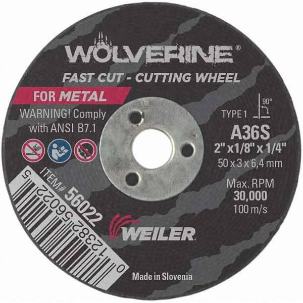 Weiler - 2 x 1/8, 1/4" Hole 36 Grit Aluminum Oxide Cutoff Wheel - Industrial Tool & Supply