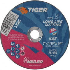 Weiler - 3 x 1/16, 1/4" Hole 36 Grit Aluminum Oxide Cutoff Wheel - Industrial Tool & Supply